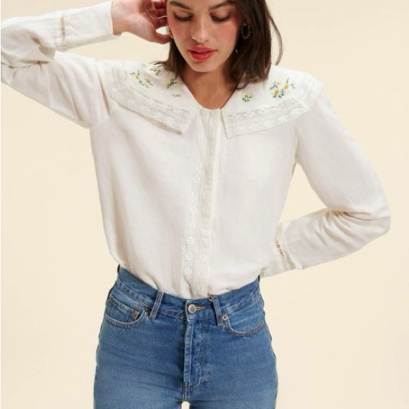 Rouje Tops - Rouje White Embellished Bib Collar Blouse